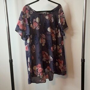 Torrid Blue Flutter Sleeve Blouse with Floral Design